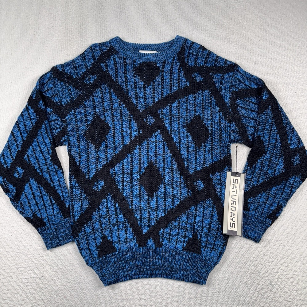 VTG Saturdays Sweater Mens Large Geometric Chunky Knit 80s‎ 90s Blue NWT NOS